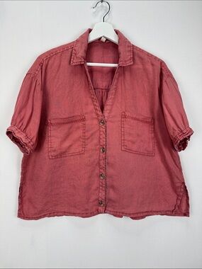 Pilcro Anthropologie Linen Button Front Puff Sleeve Blouse Dusty Rose Small